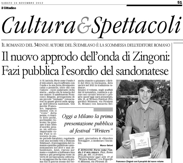 Recensione Forte come l'onda  il mio amore di Zingoni Francesco su Il Cittadino 24-11-2012